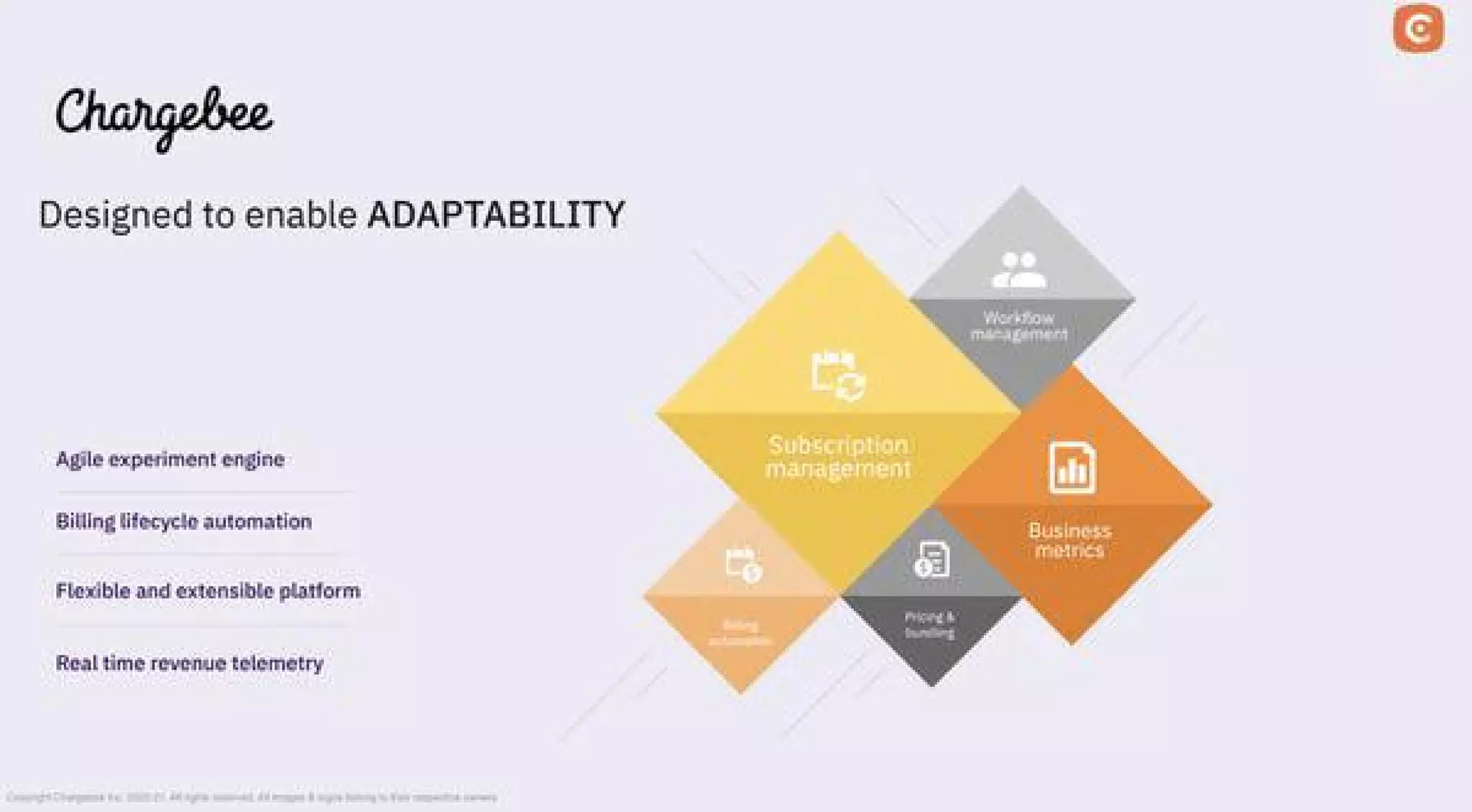 Chargebee pitch deck - Product positioning: features tied to adaptability
