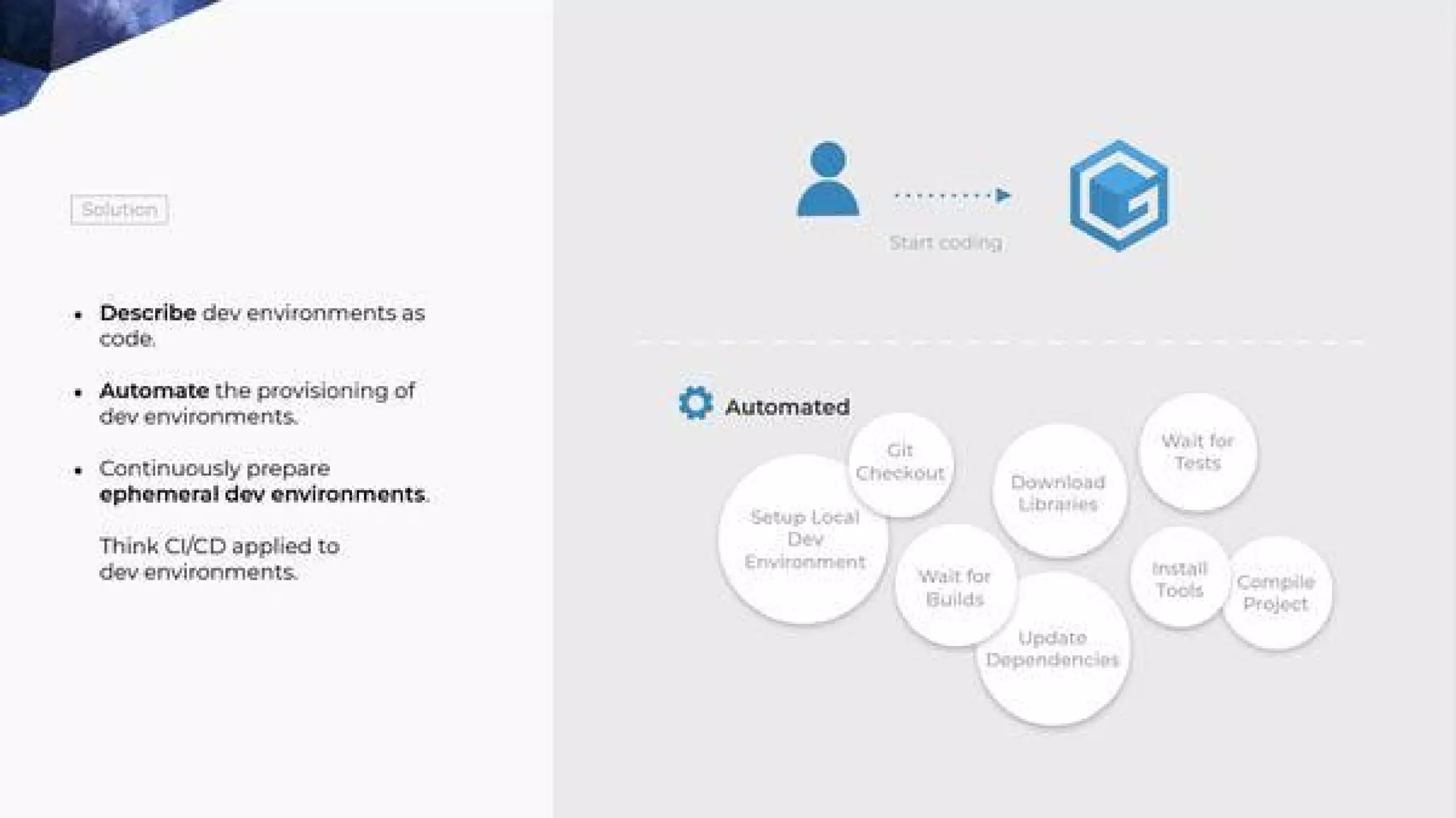 Gitpod pitch deck - The Solution: Automate and describe dev environments as code