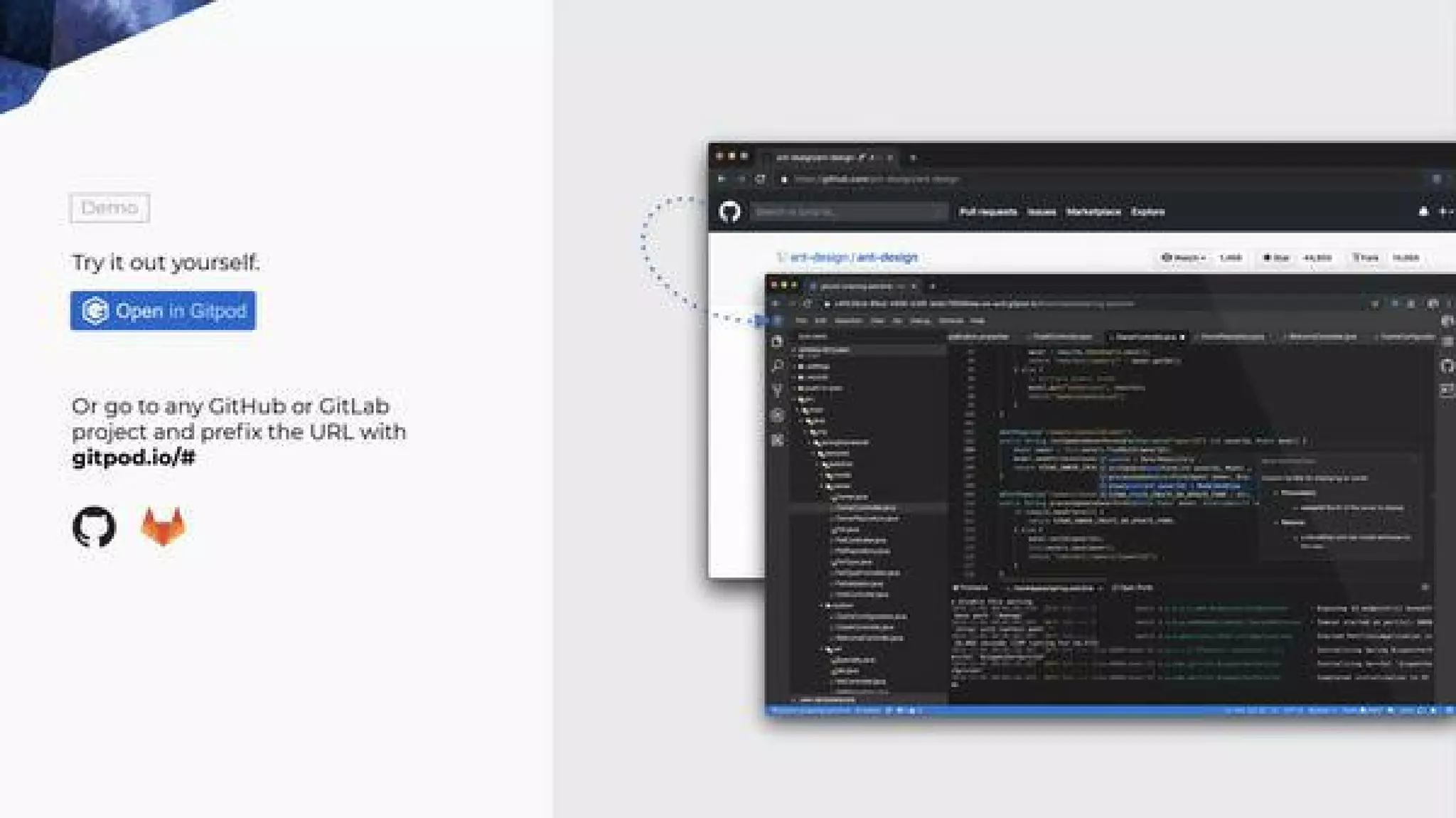 Gitpod pitch deck - Demo / Try-it-yourself: Removing friction to trial