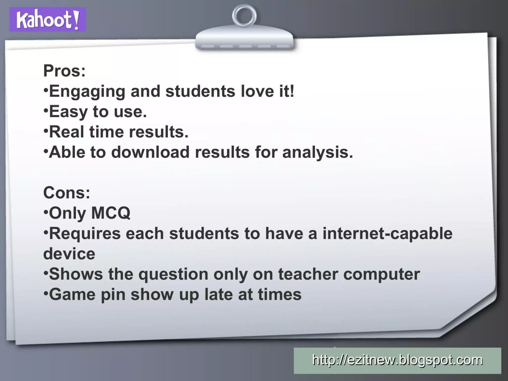 Kahoot pitch deck - Pros/cons, feedback loop and CTA