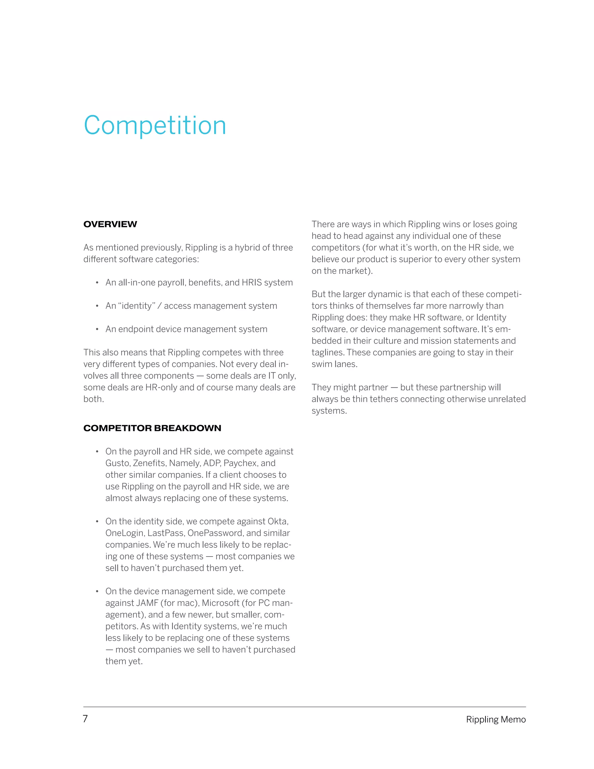 Rippling pitch deck - Competition & Positioning: Ownable Differentiation