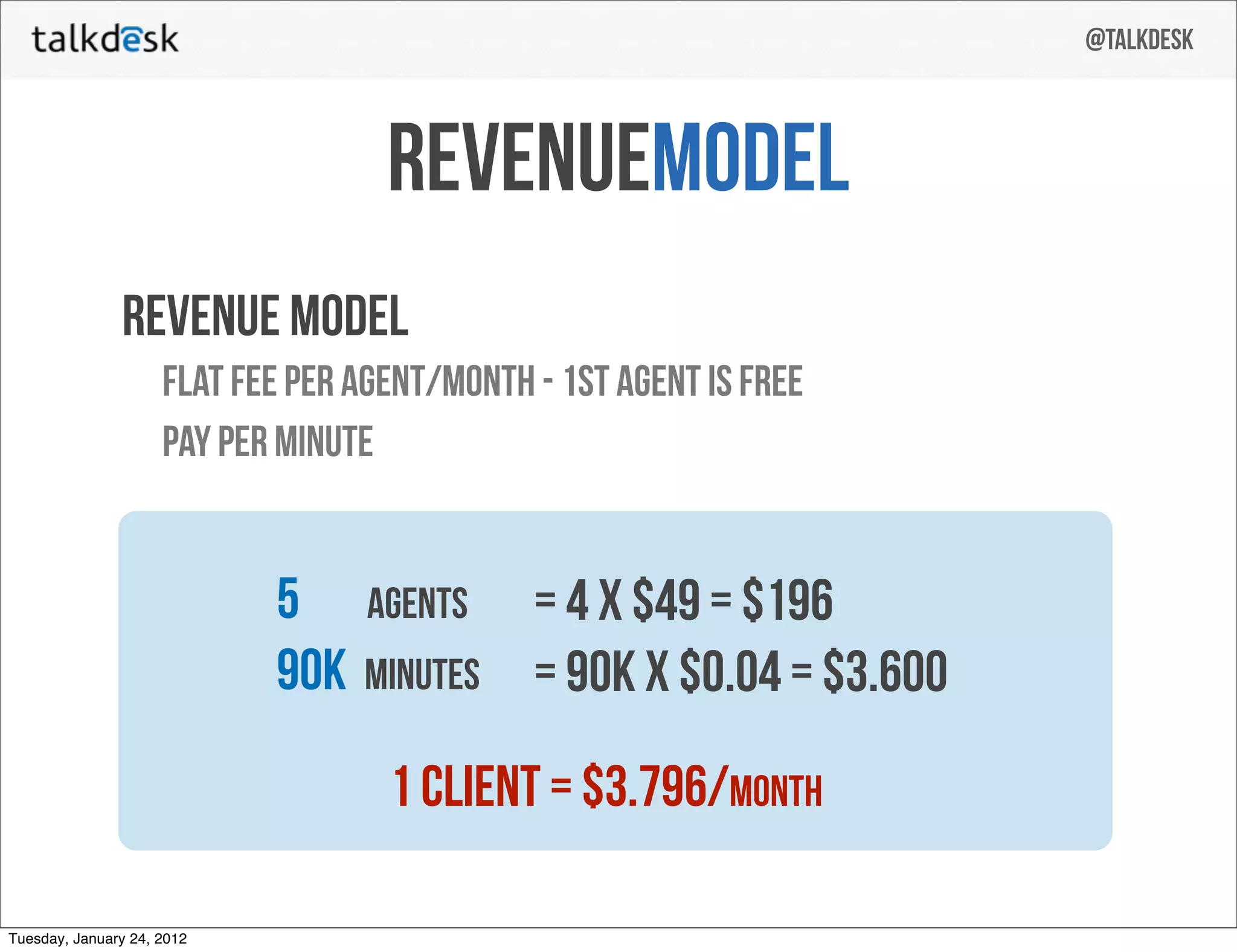Talkdesk pitch deck - Business model and unit economics: simple, actionable pricing