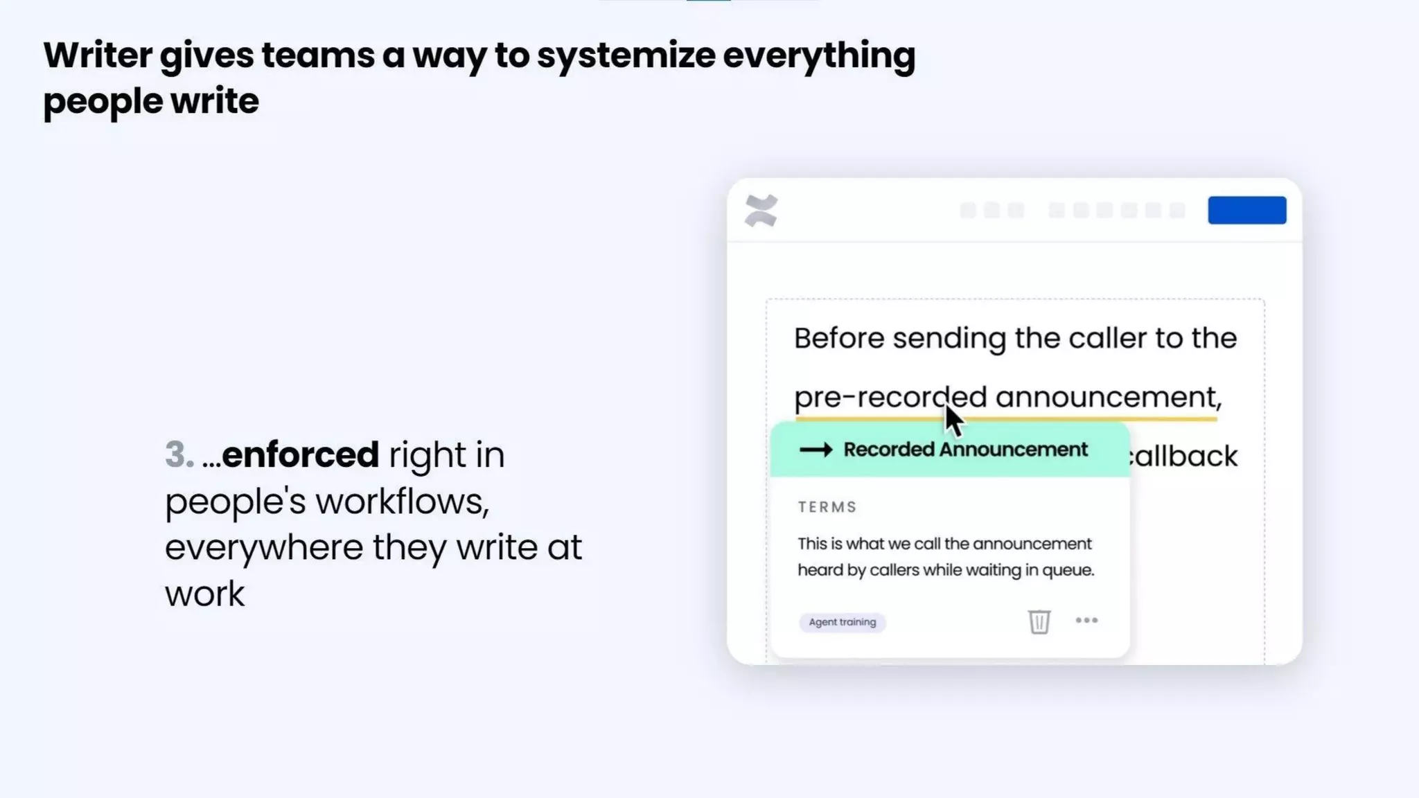 Writer pitch deck - Features & Adoption: Snippets, enforcement, and integrations